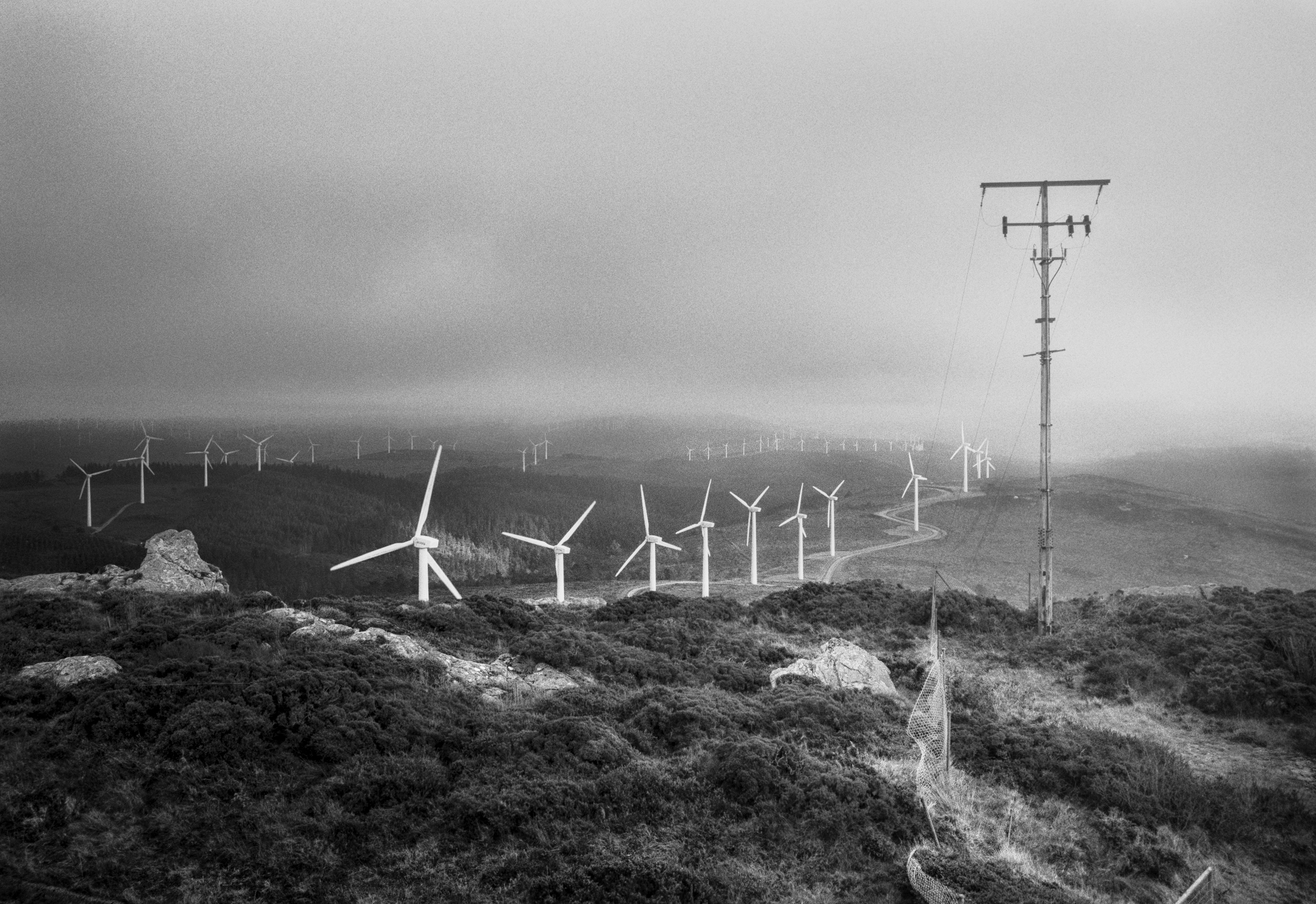 Wind turbines stretching across the misty slopes of Monte Caxado, seen from a rocky hilltop.